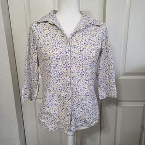 Denim&Co Floral Button Down Shirt - Purple and Yellow